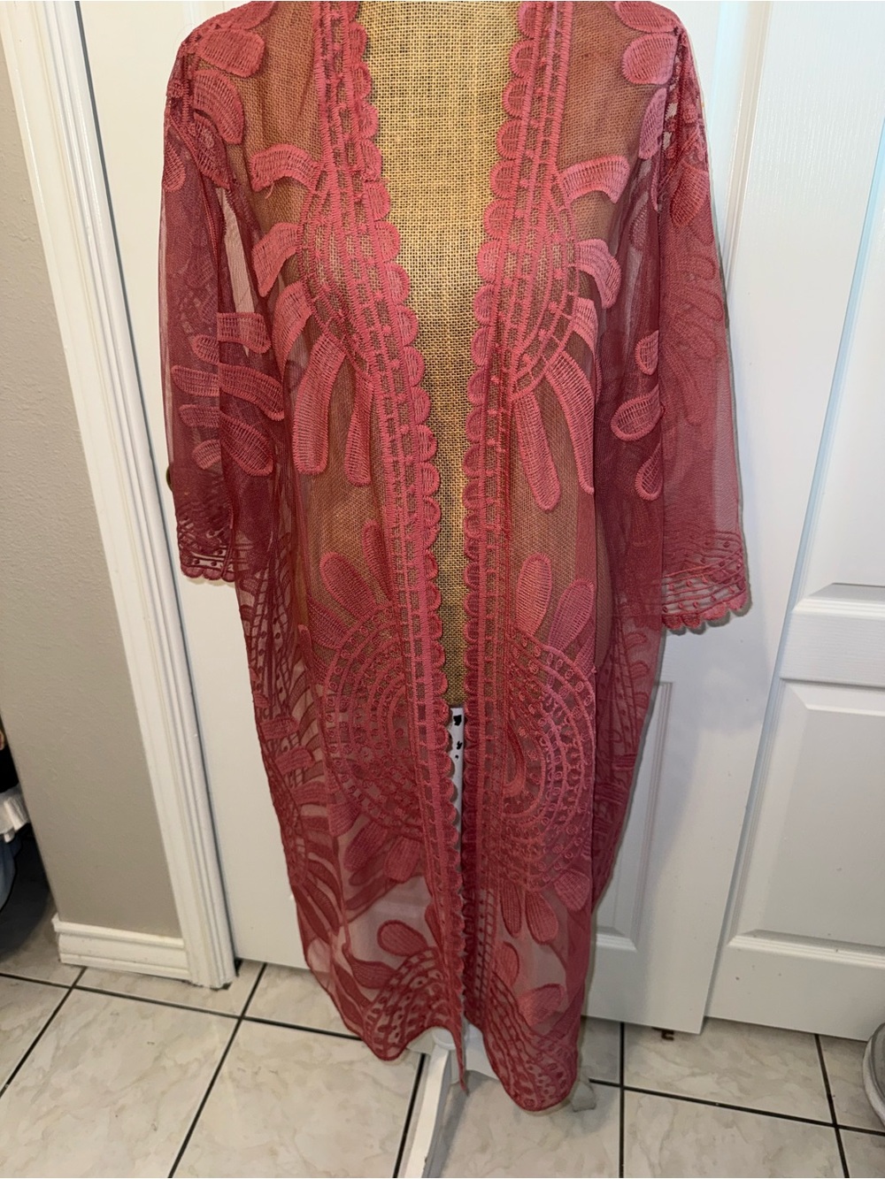 Sheer Crochet Duster Kimono in Dusty Rose